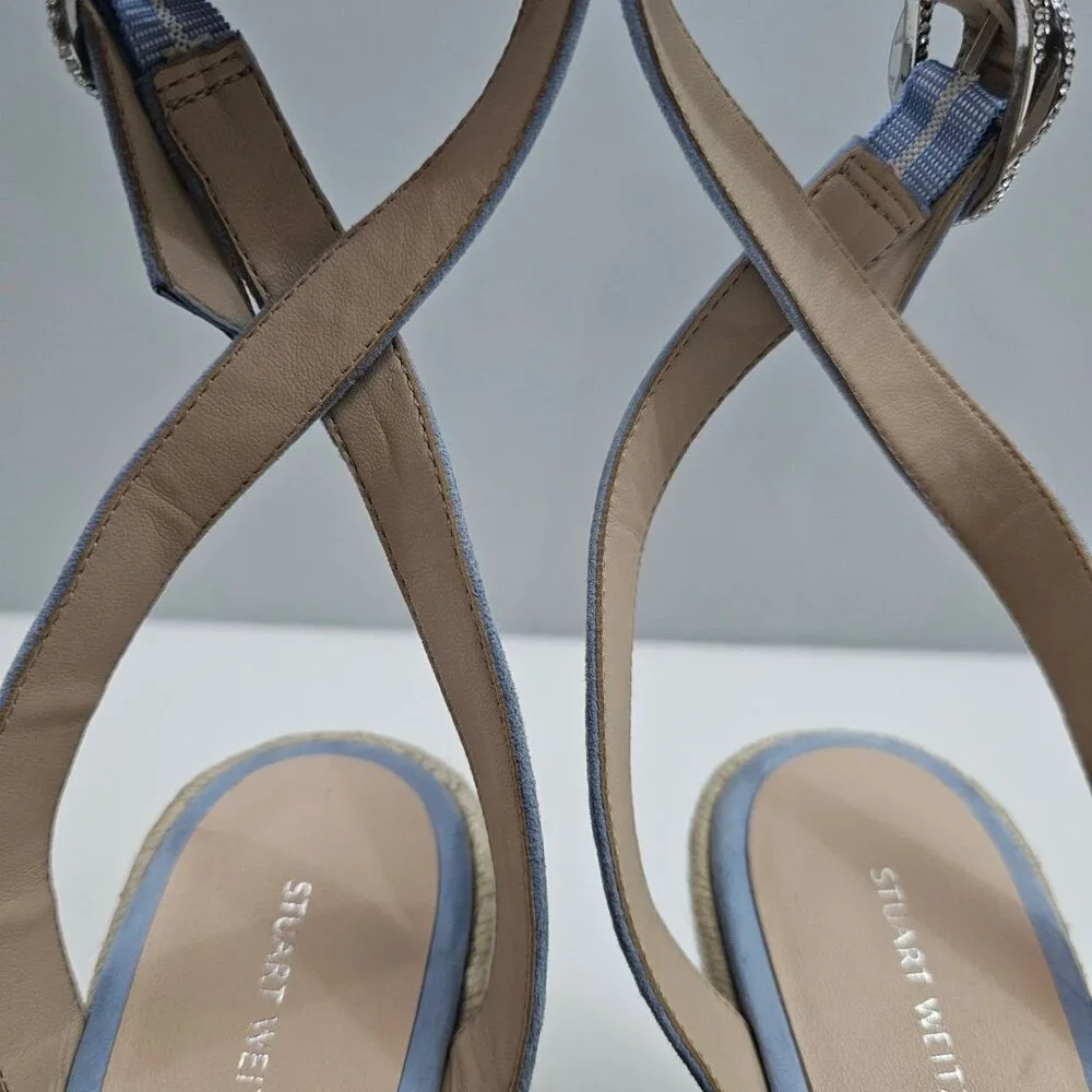 Stuart Weitzman Crystal Buckle Wedge Womens 10 Cornflower Blue Suede Espadrille - Picture 11 of 16